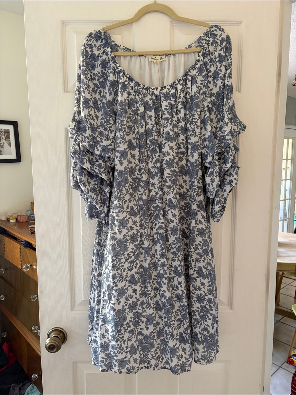 Unbranded Blue Floral Midi Dress with Ruffle Sleeves